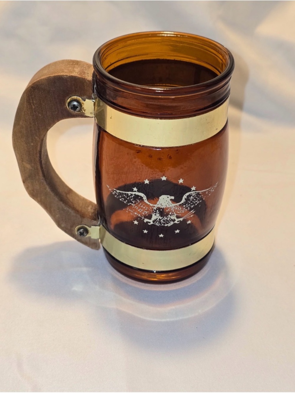 Vintage Siesta Ware Amber Glass Barrel Mug Wood Handle American Patriotic Eagle